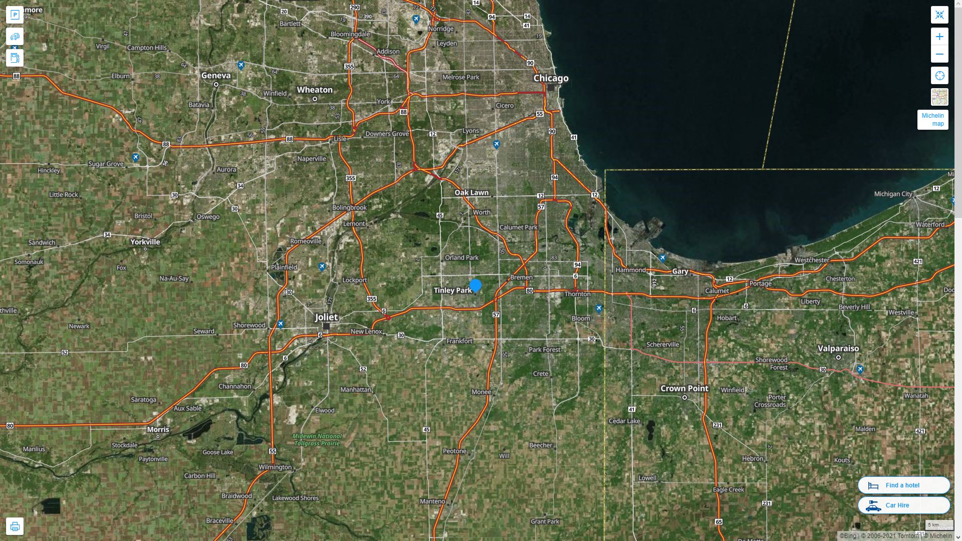 Tinley Park illinois Highway and Road Map with Satellite View